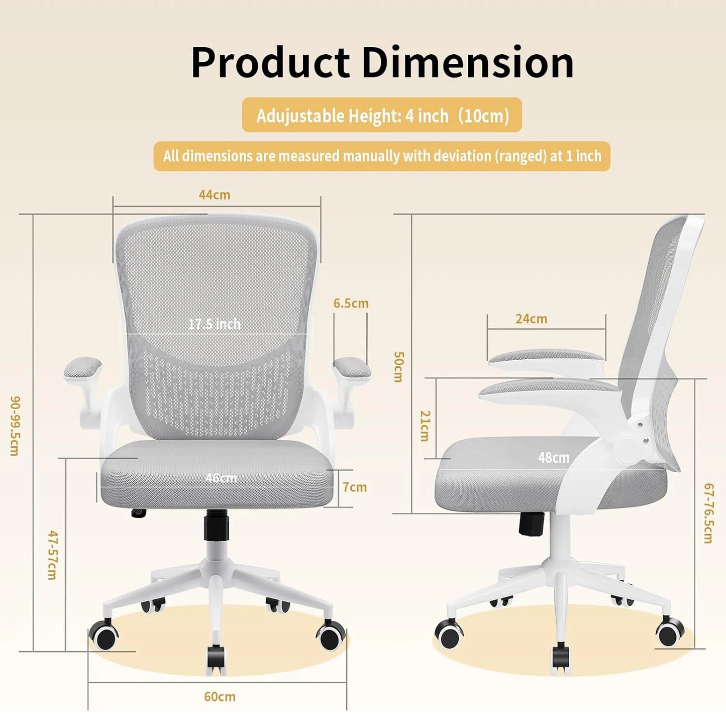 Ergonomic Office Chair Desk Chair with 90° Folding Armrests Lumbar Support Breathable Mesh Padding for Home Office