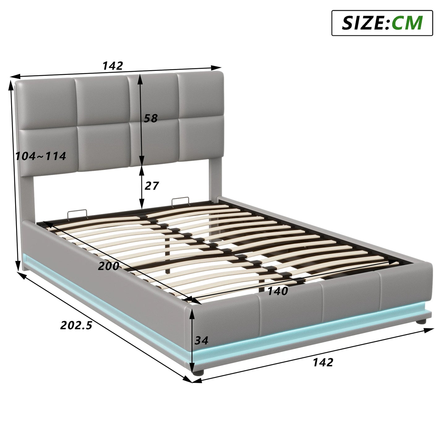Rosahqnda Hydraulischer Doppelbettrahmen 140*190cm mit LED, Verstellbares Kopfteil, Stauraumbett 140*200cm, Polsterbett, PU