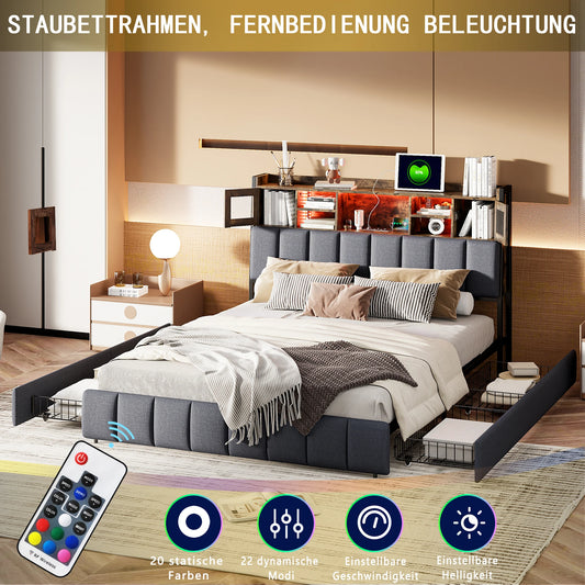 WoodenAura Polsterbett 140x200cm, Doppelbett mit 4 Schubladen, LED Kopfteil mit USB Ladefunktion, Rückenlehne Bett mit Stauraum