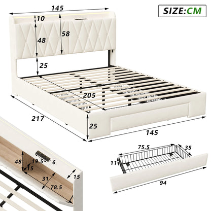 Comanlai Polsterbett 140 x 200 cm, Doppelbett mit 3 Schubladen, USB-Ladefunktion, ohne Matratze, Samt, Beige