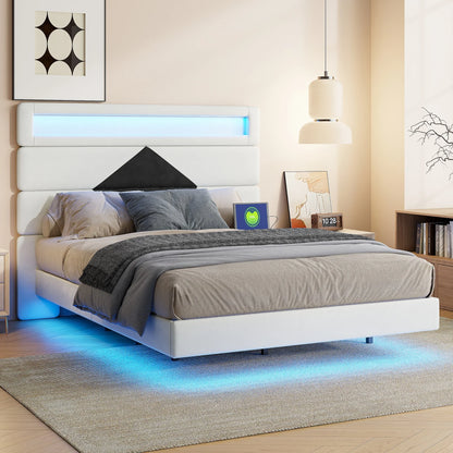 Rosahqnda Double Bed 140x190cm,Upholstered Bed with LED lighting and USB Charging Port,Youth Bed Ajudtable Headboard,WhiteVelvet