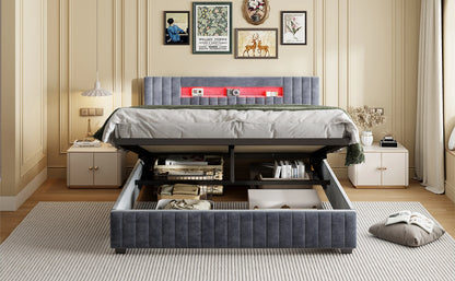 Rosahqnda hydraulisches Doppelbettgestell 140–160 x 200 cm mit LED, USB und großem Stauraum, gepolstertes Gästebett, Teenager-Wohnbett, Samt