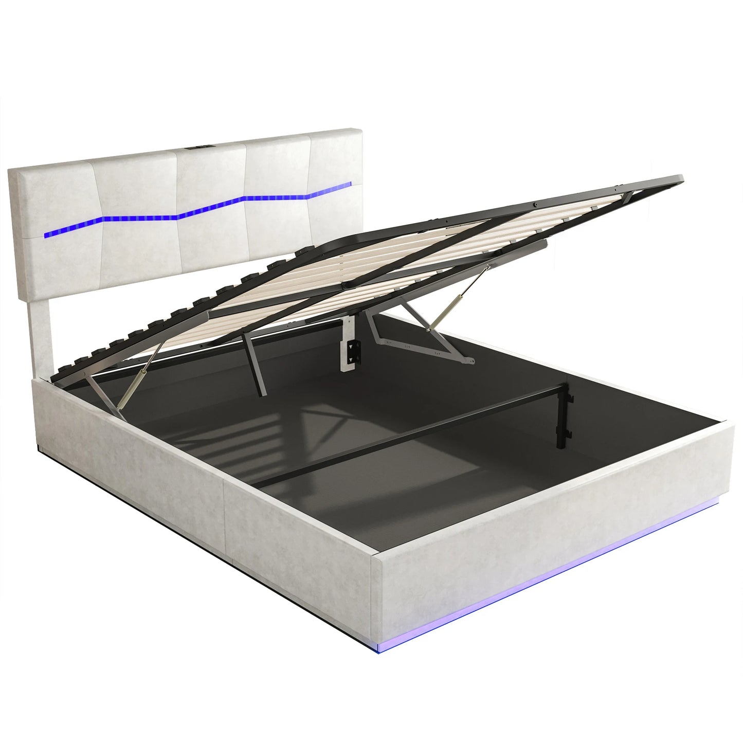 ROSAHQNDA Polsterbett, LED-Doppelbett mit USB-Station, verstellbares Kopfteil, Bettgestell, Betten mit Stauraum, PU, ohne Matratze