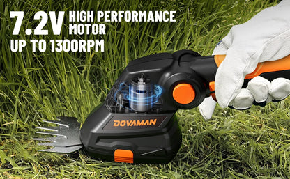 DOVAMAN 7,2 V Akku-Rasenschere, Griff mit drei Positionen, 80-Minuten-Schnellladung, 1500 mAh Akku, kompakte elektrische Schere