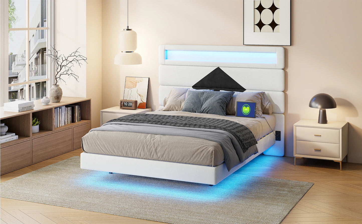 Rosahqnda Schwebebett 140*190cm Doppelbett Rahmen 160*200cm mit LED&USB Polsterbett Erwachsenenwohnung Jugendbett Samt