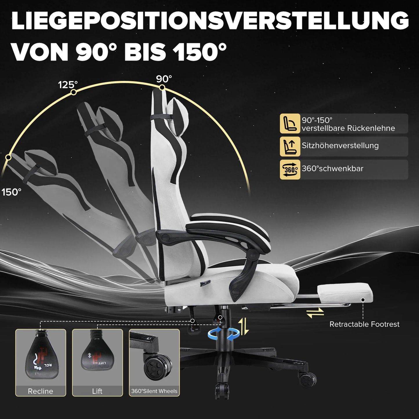 GTPLAYER Gaming Stuhl, Ergonomischer Gamer Stuhl aus Stoff mit Lendenwirbelstütze, PC-Stuhl mit verbreiterter Rückenlehne