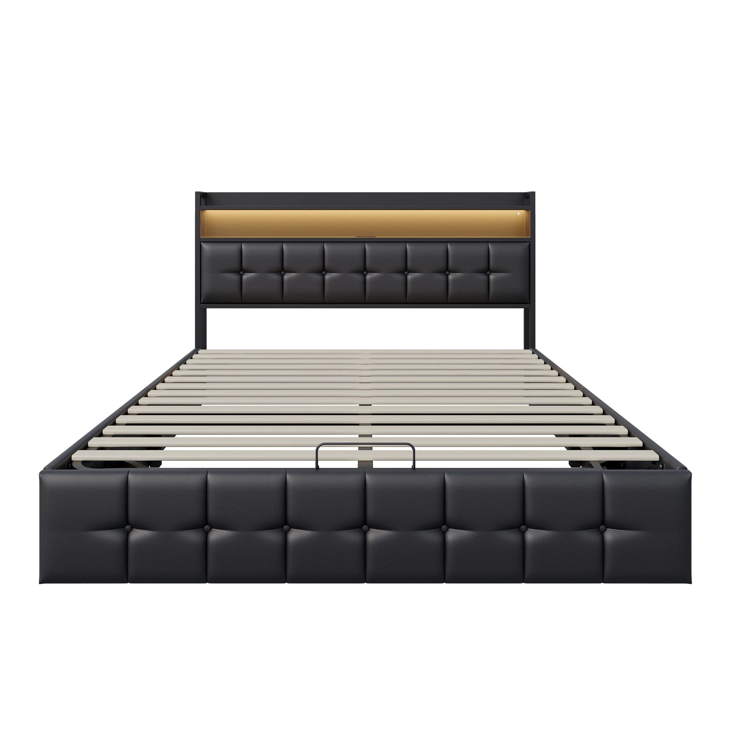 Rosahqnda Polsterbett 140x200 cm mit Lichtleiste, Stauraumbett mit Kopfteil, Doppelbett mit Lattenrost für 2 Personen,PU,Schwarz