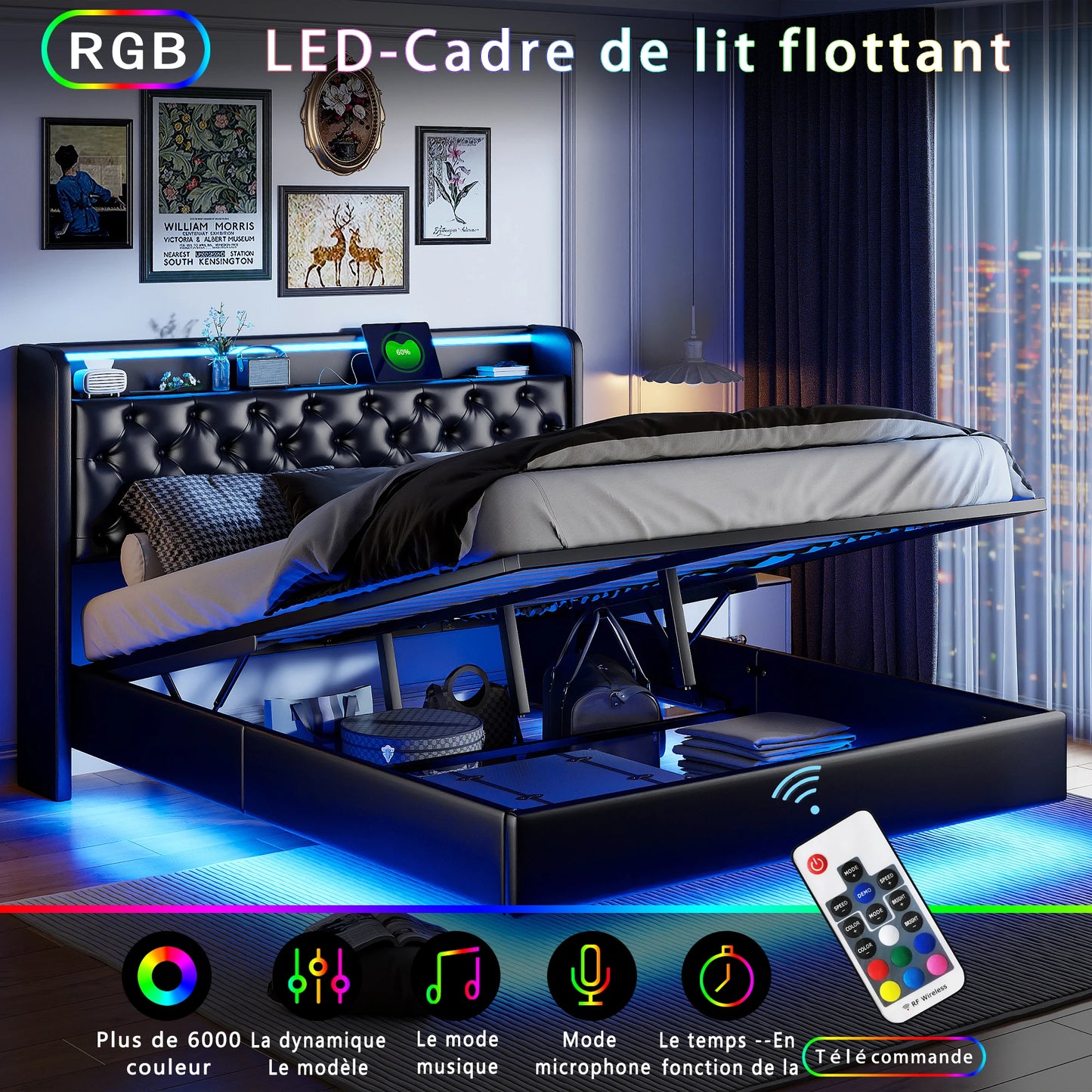 Polsterdoppelbett 140 x 200 cm mit Kopfteil, Bett mit Lattenrost aus Metallrahmen, PU Betten mit großem Stauraum, hydraulischer