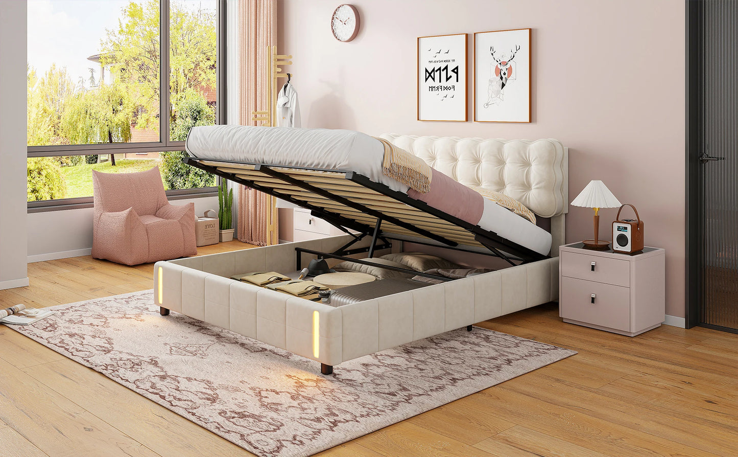 Rosahqnda Hydraulisches Doppelbett 140-160*200 cm mit Sensorlicht und Stauraum, Gepolstertes Gästebett, Hauptschlafzimmer, Samt