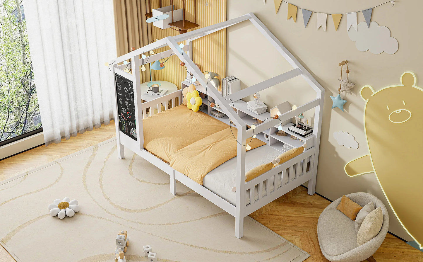 Roshanda Kinderbett, 90 x 200 cm, Hausbett, Einzelbett, mit Tafel/Bücherregal/Schublade, Kiefer, Weiß