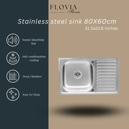 Küchenspüle aus Edelstahl, 80 x 60 cm, mit Abtropffläche, Einzelschüssel, Wasserhahnloch, umschaltbar auf der Oberseite