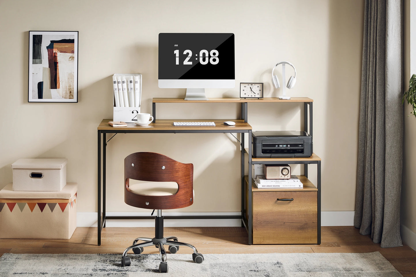 SoBuy FWT103-PF Schreibtisch mit 3 Ablagen Computertisch Bürotisch für Homeoffice Industrie-Design BHT ca. 143x90x50cm