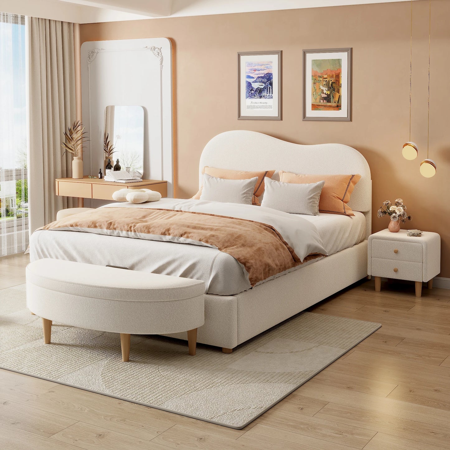 Rosahqnda Komplettschlafzimmer Set,Polsterbett + Bettbänke ,Hydraulisch Doppelbett, Verstellbares Kopfteil