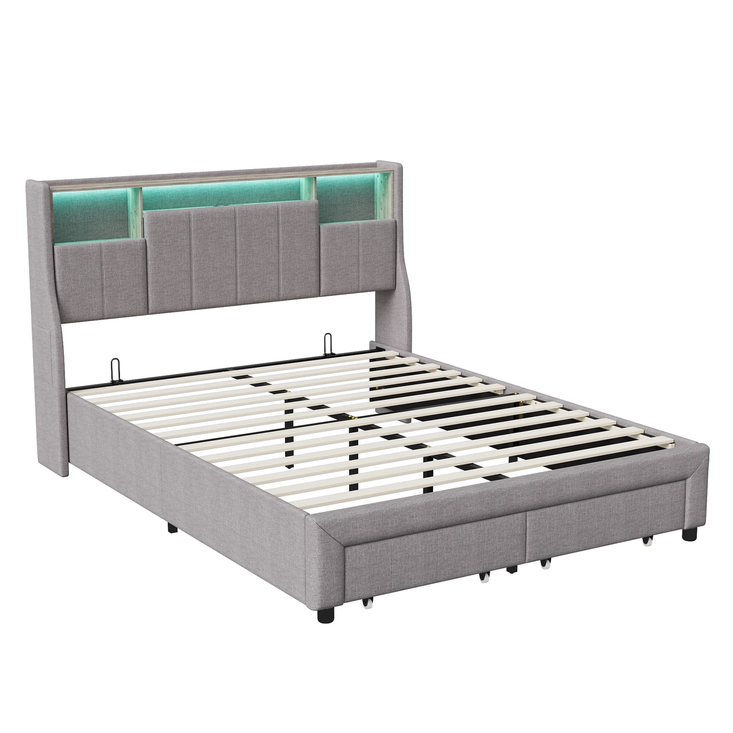 Rosahqnda gepolstertes Doppelbett 140x200cm mit LED-Beleuchtung,Doppelbett mit 2 Schubladen,hydraulischem Stauraum,ohne Matratze