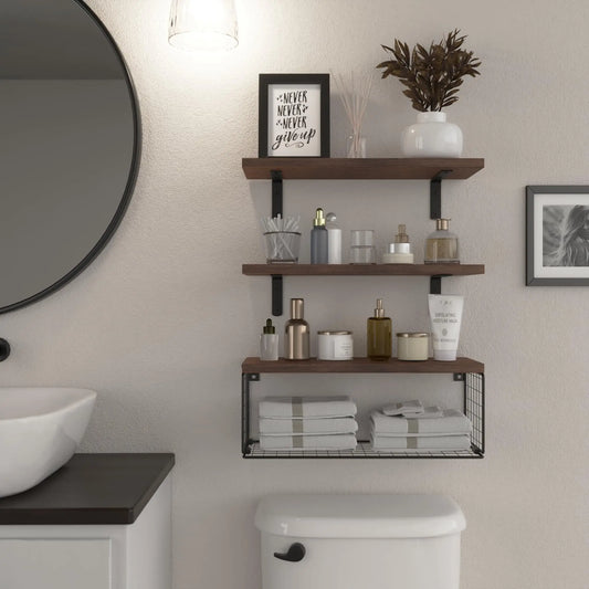 WOPITUES Bathroom Shelf Over Toilet, Floating Bathroom Shelf Wall Mounted with Wire Basket, Floating Shelf for Wall Décor-Rustic