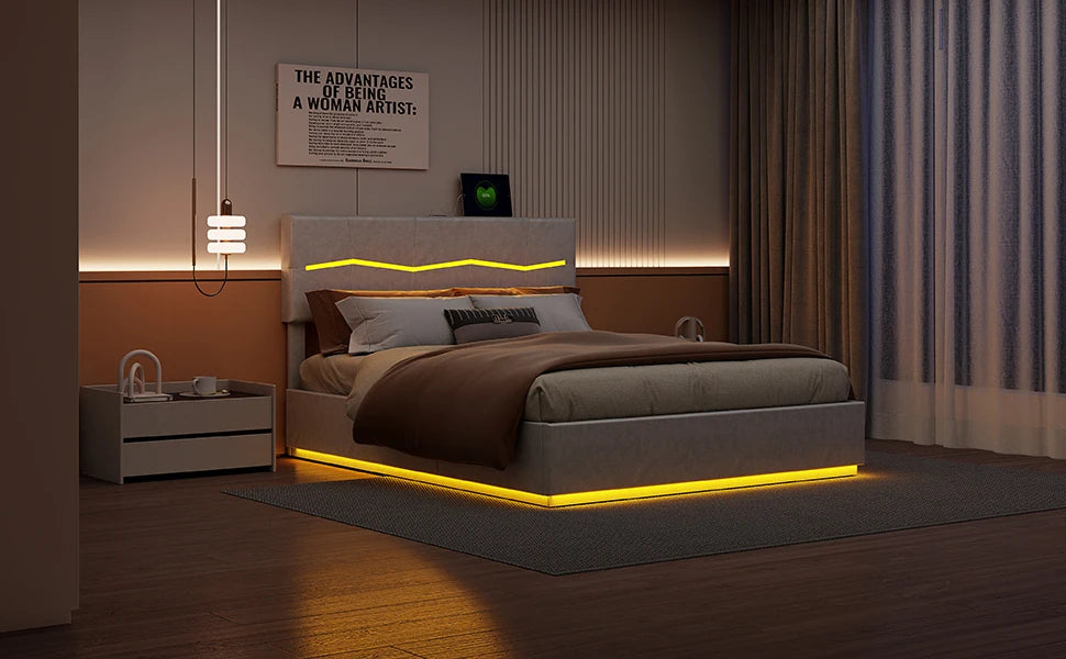 Rosahqnda Doppelbettgestell 140-160-180*200cm Polsterbett mit LED & USB & viel Stauraum, Jugendgästebett, PU, Beige/Schwarz
