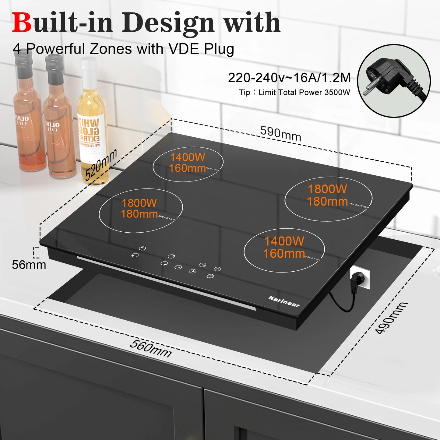 Karinear Built-in Induction Cooktop with 4 Burners with Plug, Touch Control, Timer Safety Lock, 3500W.