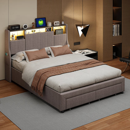 Upholstered Bed 160 x 200 cm, Bed Frame with LED Lights, USB Ports and Storage Headboard, Double Bed, Guest Bed, Teenager's Bed