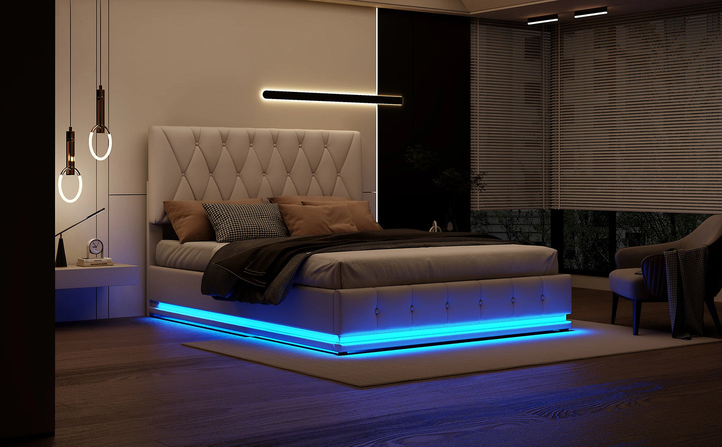 Rosahqnda Gepolstertes hydraulisches Bett 140 * 200 cm mit LED-verstellbarem Kopfteil, moderner Doppelbettrahmen mit Stauraum,PU