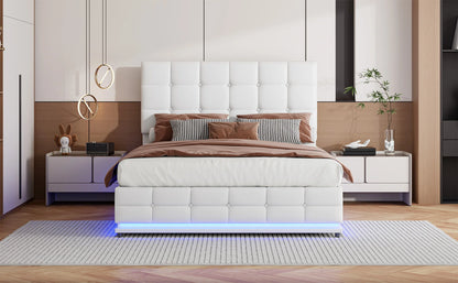 Rosahqnda Gepolstertes hydraulisches Bett 140 * 200 cm mit LED-verstellbarem Kopfteil, moderner Doppelbettrahmen mit Stauraum,PU