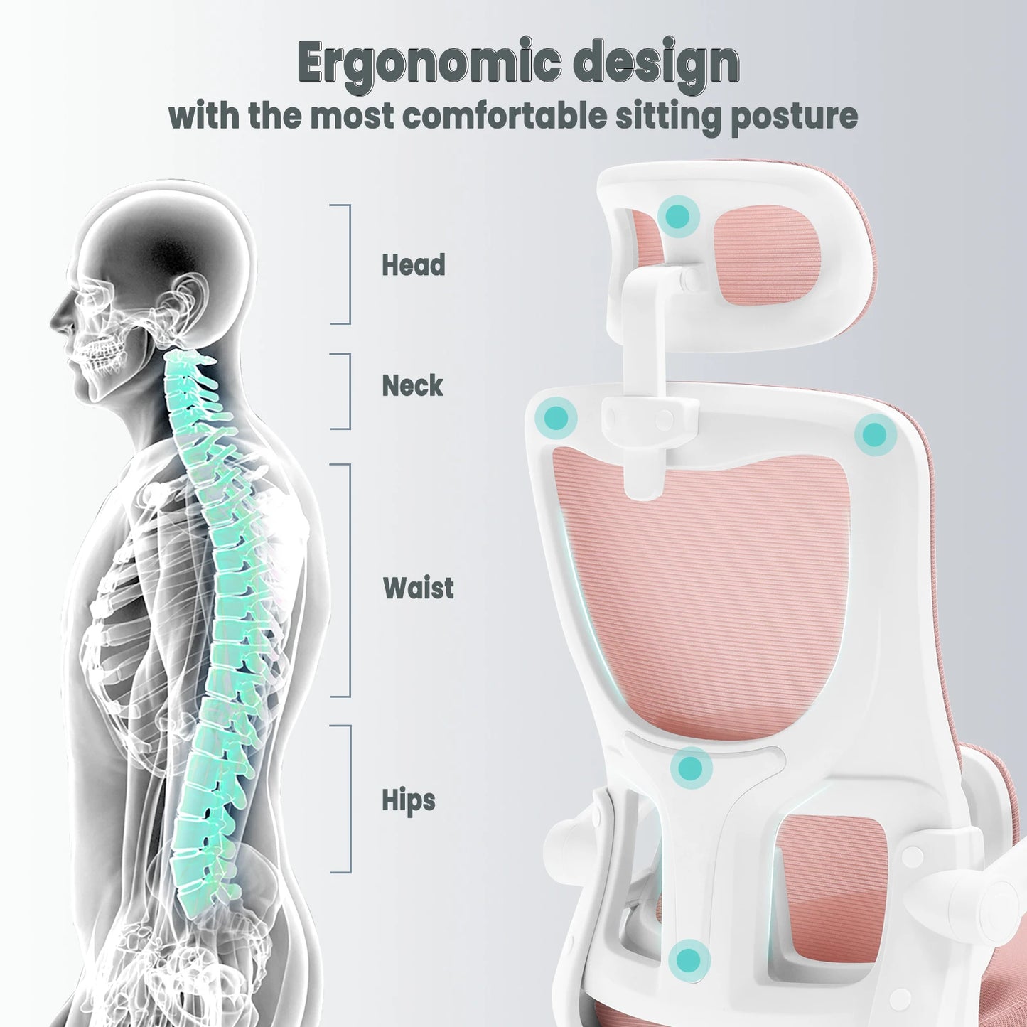 WOLTU Drehbarer Bürostuhl, ergonomischer Netz-Schreibtisch, Computerstuhl, höhenverstellbar, Schaukelfunktion, umkehrbare Armlehnen, Kopfstütze