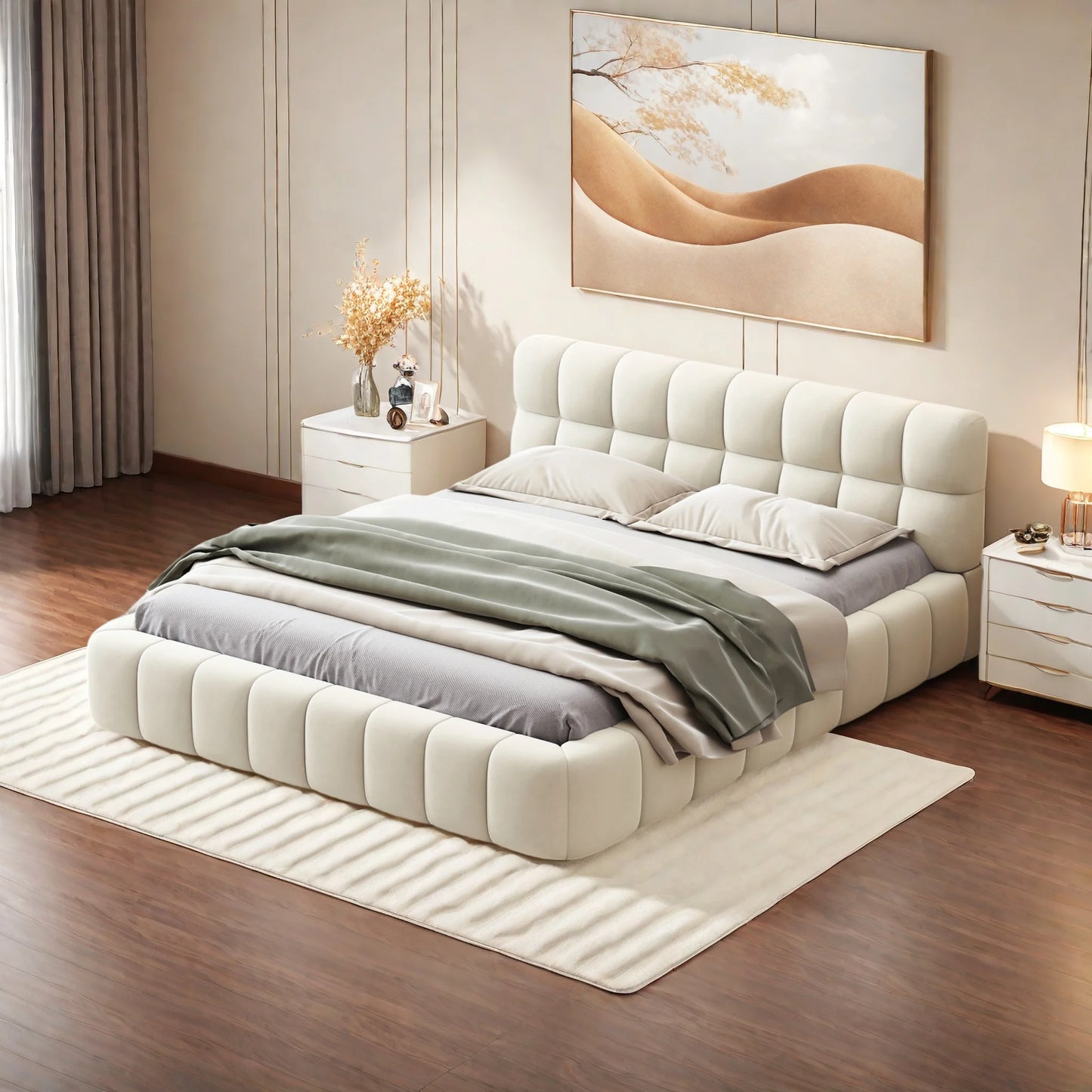 ROSAHQNDA Modernes Polsterbett, Doppelbett mit weicher Rückenlehne, Flachbett mit Polsterkante, Leinenstoff, ohne Matratze
