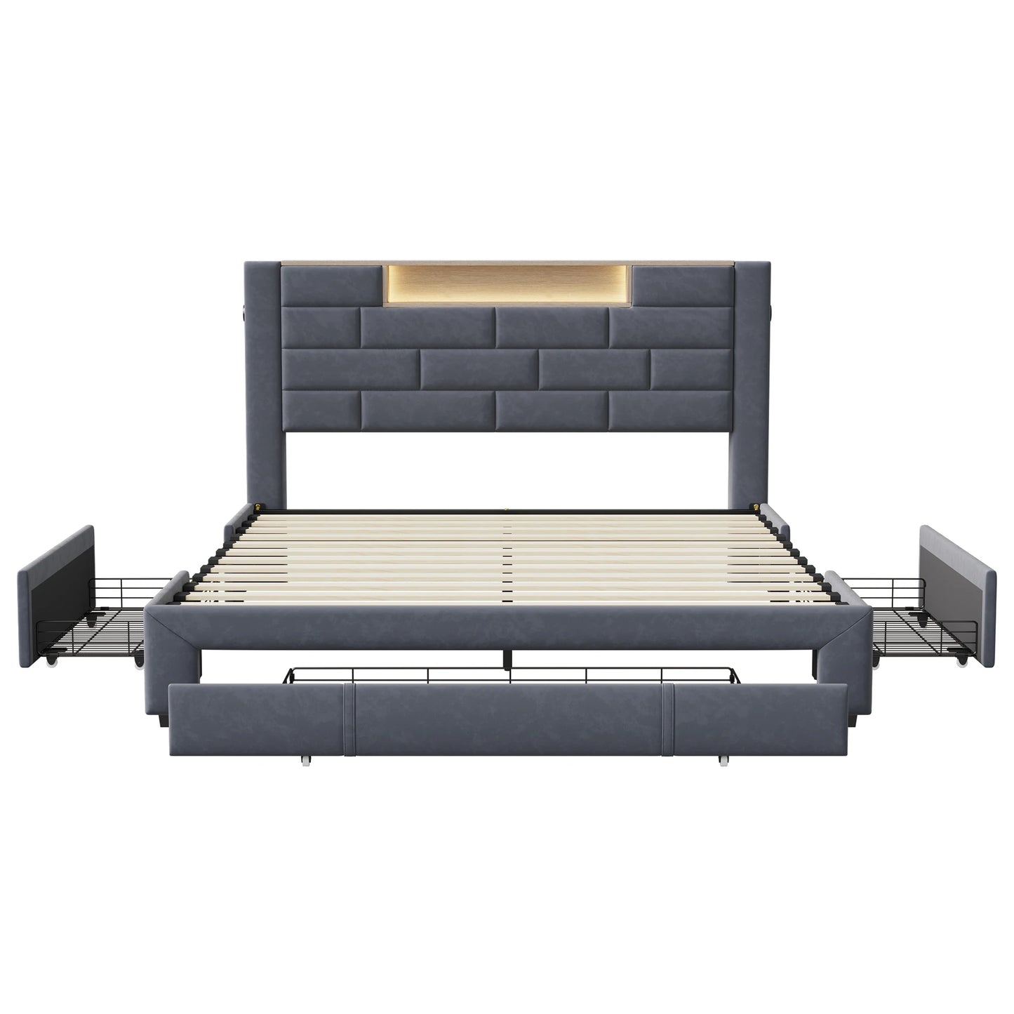 Upholstered Bed 160x200cm with LED and USB Charging Socket,Drawer Storage Bed,Bedside Storage,Adult Livingroom,Gray,Velvet