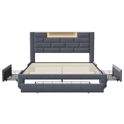 Upholstered Bed 160x200cm with LED and USB Charging Socket,Drawer Storage Bed,Bedside Storage,Adult Livingroom,Gray,Velvet