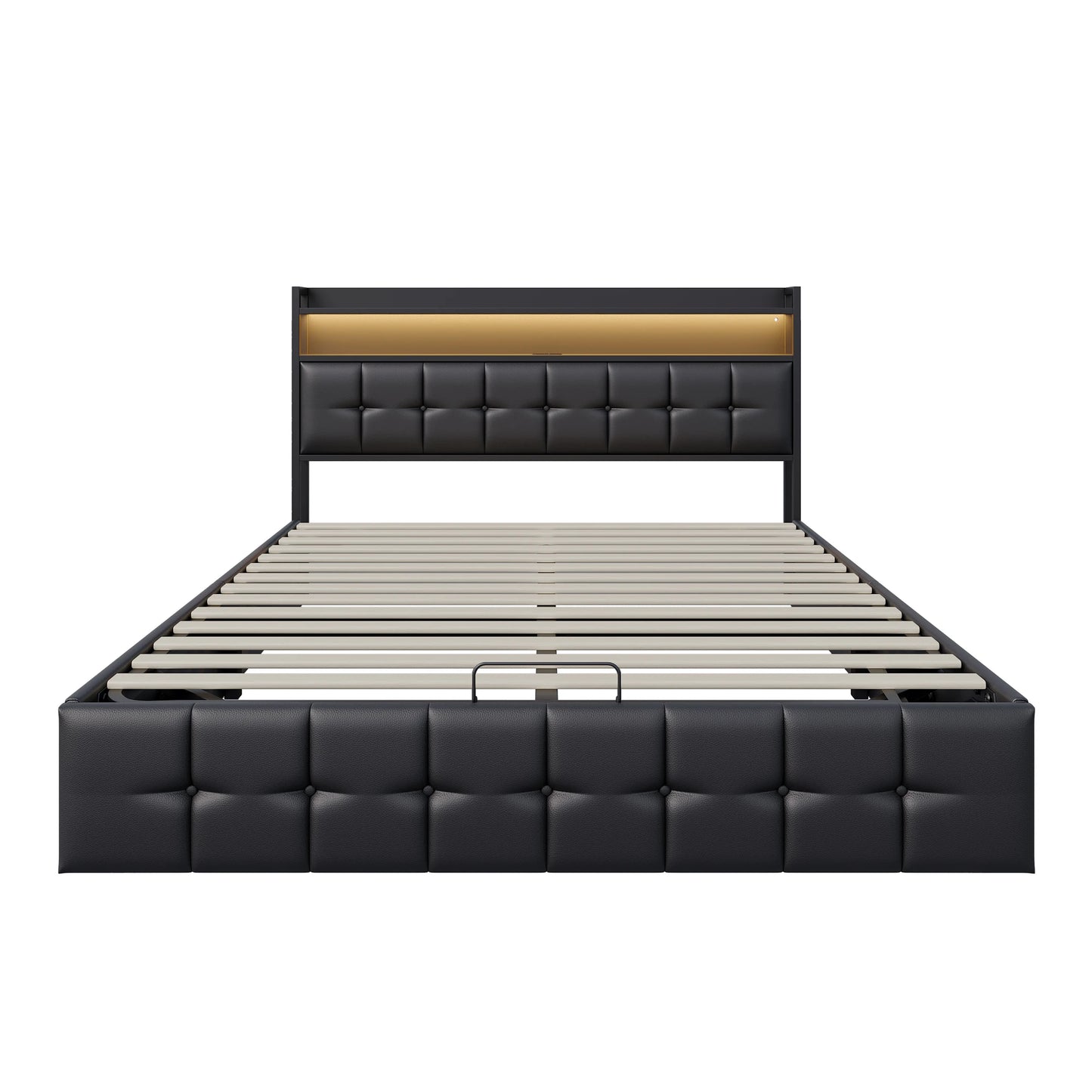 Rosahqnda Multifunctional Double Bed,Rechargeable,LED and Hydraulic Storage,Teen Bed,140/160 x 200 cm,Linen/PU,Grey,Black.