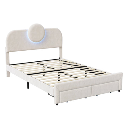 Rosahqnda Doppelbettgestell 140 x 200 cm mit LED und 2 Schubladen, gepolstertes Einzelbett, Stauraumbett, Teenagerbett, Gästebett, Samtbeige