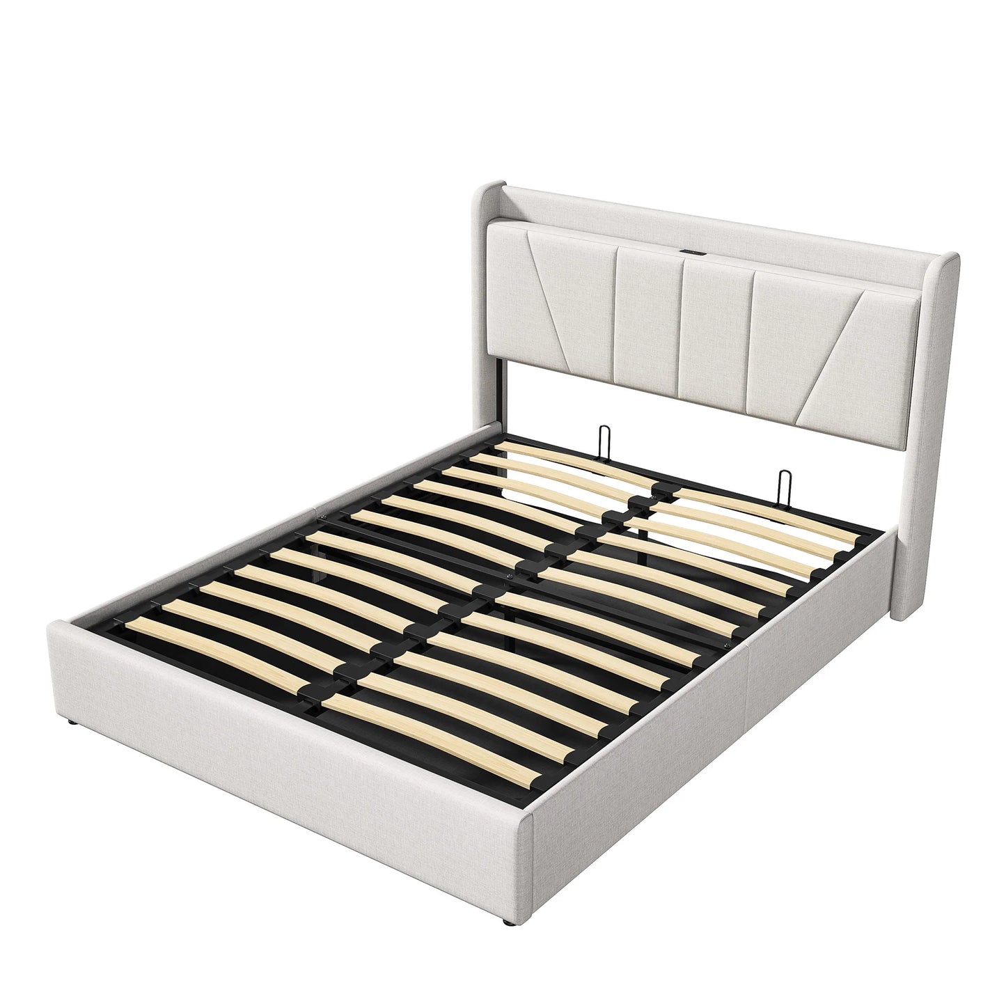 Double Bed,Storage Back and USB Rechargeable,Large Storage Bed,Suitable for Adults or Teenagers,Beige/Grey,Linen