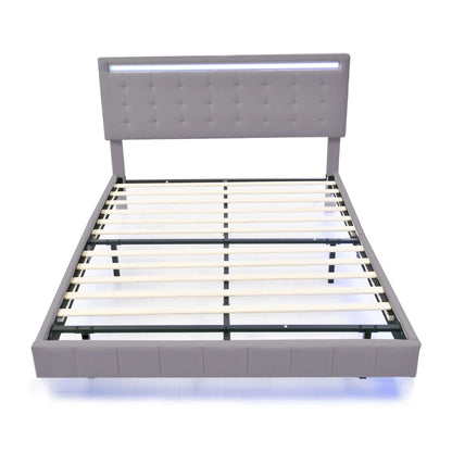 Rosahqnda Polsterbett 140/160x200cm, Doppelbett mit LED, 2 USB, schwebender Bettrahmen, Holzlattenrost, graues Leinen