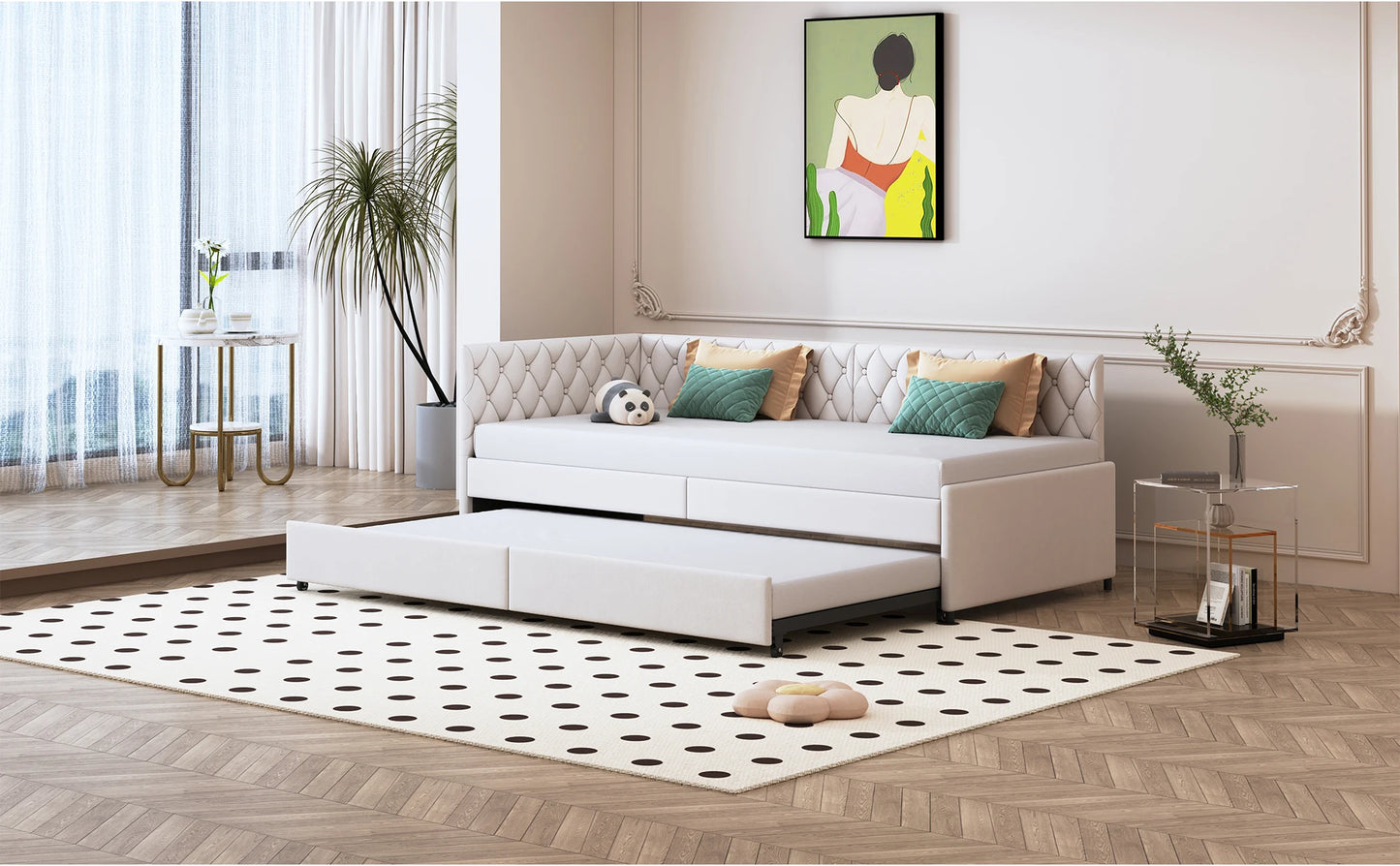 Rosahqnda gepolstertes Tagesbett 90 x 200 cm mit ausziehbarem Bett, Einzelbett, Schlafsofa, Tagesbettgestell mit Lattenrost