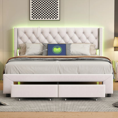 Rosahqnda Modernes Doppelbettgestell, 140 x 190 cm, Bett mit Stauraum, 160–180 x 200 cm, mit LED, USB und 2 Schubladen, Teenagerbett, Gästebett, Samtbeige
