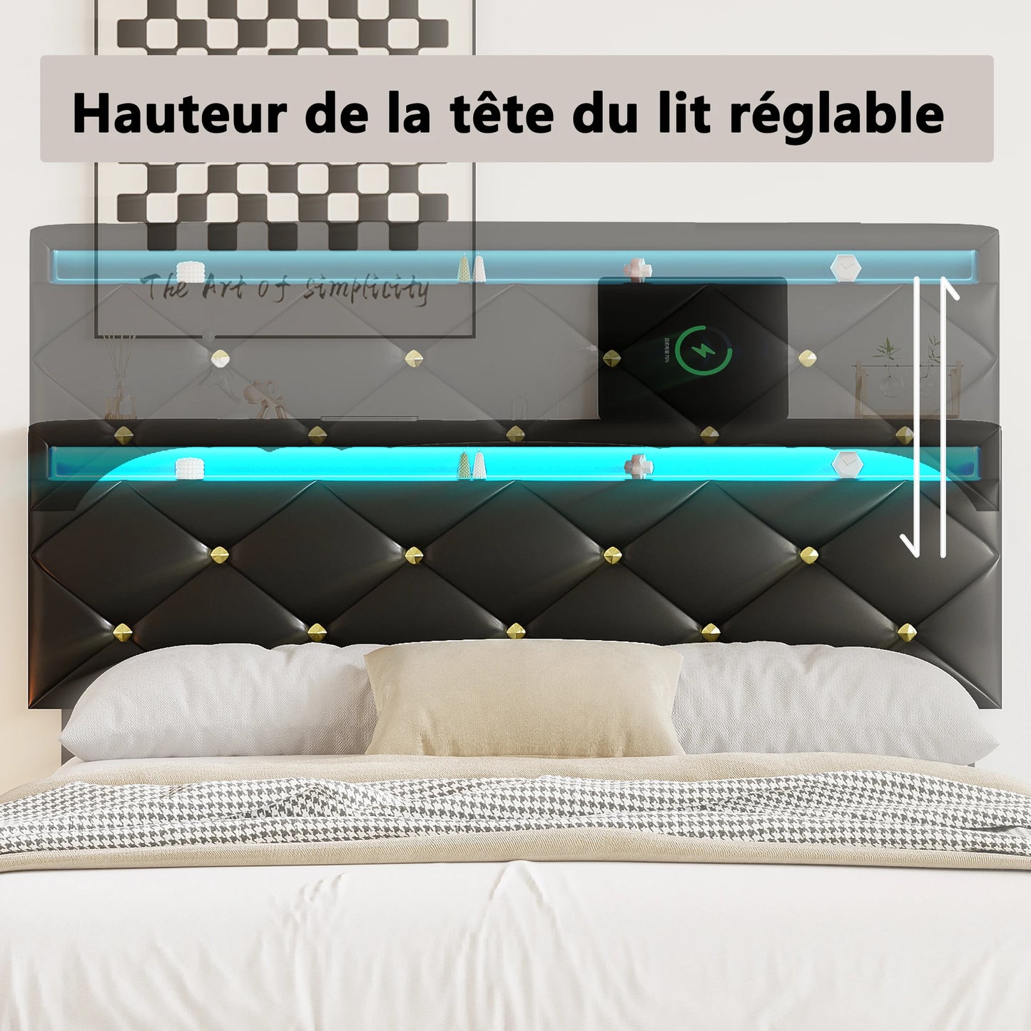 Rosahqnda Schwebebett 140-160*200cm LED USB verstellbares Kopfteil,Doppelpolsterbett Apartmentbett Jugendbett Gästebett,PU