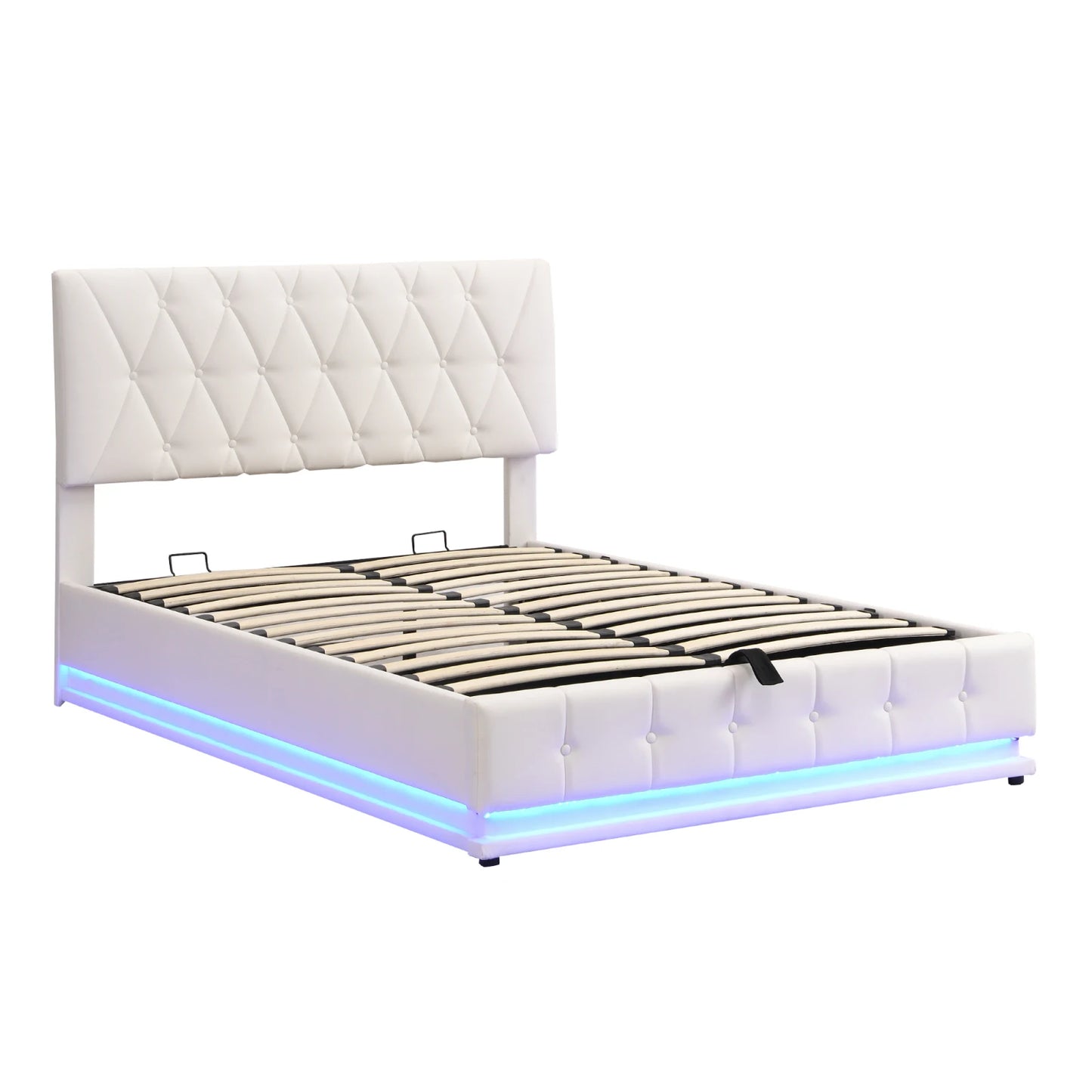 Rosahqnda gepolstertes Doppelbett 140 x 200 cm, LED-Beleuchtung, Doppelbett mit Stauraum, Kinderbett, Jugendbett, weißes PU-Leder