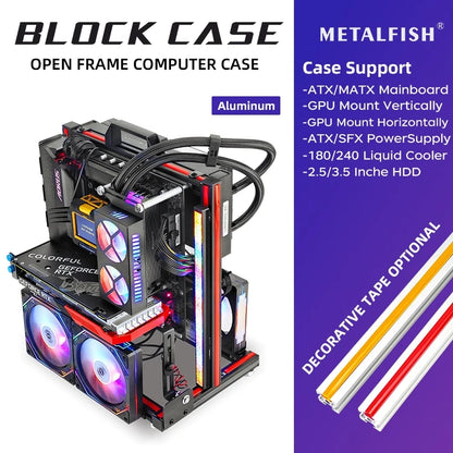 METALFISH BlockCase Aluminum Open Frame Case Support ATX/M-ATX Mainboard GPU Mount Horizontally 240 Water Cooler Gaming Cabinet.