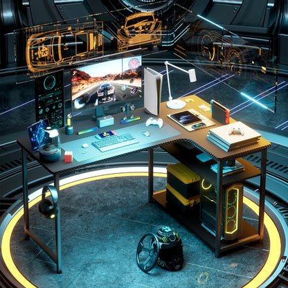 COMHOMA Schreibtisch Gaming Tisch mit Regal, Eckschreibtisch mit USB-Ladeanschluss und Steckdose, 120cm Computertisch L Form, PC