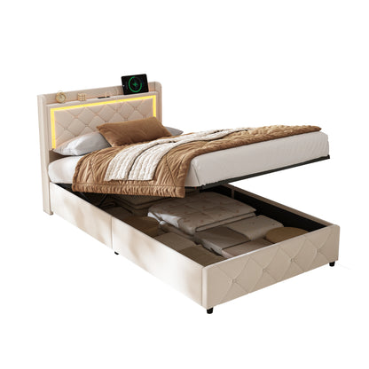 Rosahqnda Polster-Einzelbett 90 x 200 cm mit LED, Jugendbett mit USB/Typ-C, Bettkasten, Holzrahmen, Flanell (ohne Matratze)