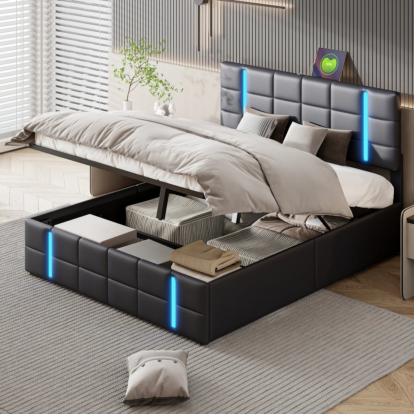 WoodenAura Polsterbett 140 x 200 CM Stauraumbett mit Type-C, LED-Licht, mit Stauraum, Doppelbett, hydraulisches Funktionsbett