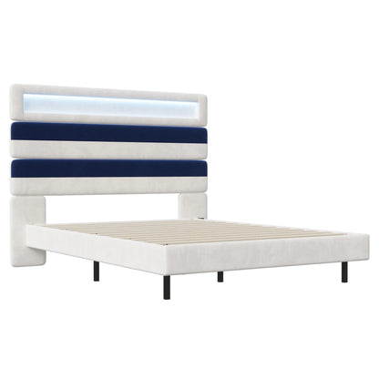 Rosahqnda Double Bed 140x190cm,Upholstered Bed with LED lighting and USB Charging Port,Youth Bed Ajudtable Headboard,WhiteVelvet