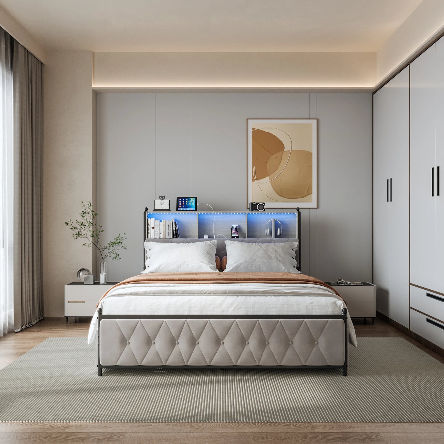 ROSAHQNDA Modernes gepolstertes Bettgestell mit Schubladen, LED-Bücherregal-Kopfteil mit USB-Anschlüssen, 140/160/180 cm, ohne Matratze