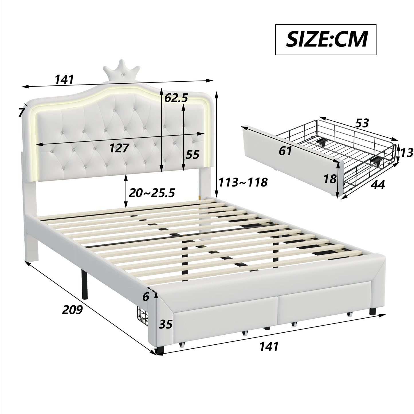 Polsterbett 140x200 cm für Kinder, Prinzessinnenkrone mit LED und Schubladen, Jugendbett mit höhenverstellbarem Kopfteil