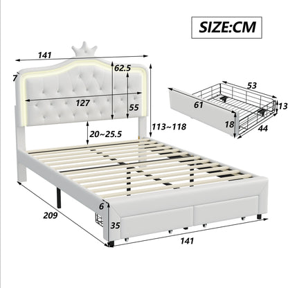 Polsterbett 140x200 cm für Kinder, Prinzessinnenkrone mit LED und Schubladen, Jugendbett mit höhenverstellbarem Kopfteil