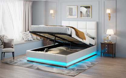 Rosahqnda Hydraulischer Doppelbettrahmen 140*190cm mit LED, Verstellbares Kopfteil, Stauraumbett 140*200cm, Polsterbett, PU