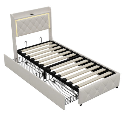 Rosahqnda Polster-Einzelbett 90 x 200 cm mit LED, Jugendbett mit USB/Typ-C, Bettkasten, Holzrahmen, Flanell (ohne Matratze)