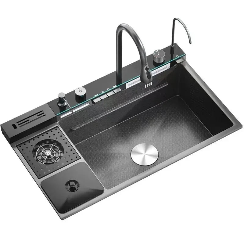Modern Multifunctional Nano Kitchen Sink with Waterfall Faucet & Accessories for Home Chefs and Families in Contemporary Kitchen