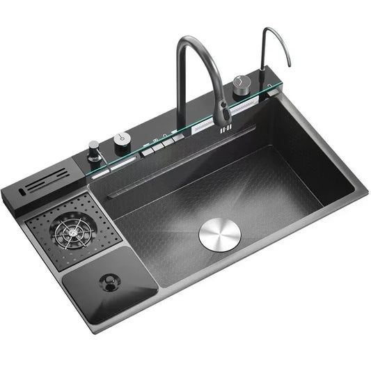 Modern Multifunctional Nano Kitchen Sink with Waterfall Faucet & Accessories for Home Chefs and Families in Contemporary Kitchen