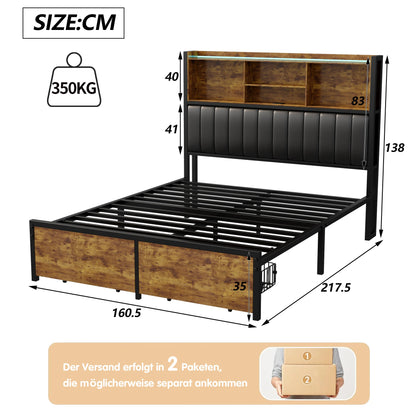 WoodenAura Doppelbettgestell aus Holz und Metall, Retro-Bett mit LED-PU-Kopfteil und 2 Schubladen, modernes Bett mit Stauraum