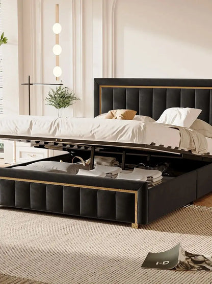 Polsterbett140 x 200cm,Doppelbett mit Hydraulisch und Lattenrost,Jugendbett mit hydraulischem Stauraum und Kopfteil,Samt,Schwarz